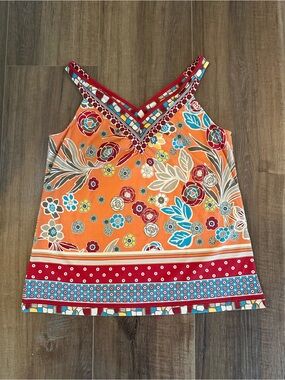 Trulli by LOFT Orange Floral Boho Geometric V-Neck Tank Top - Petite L